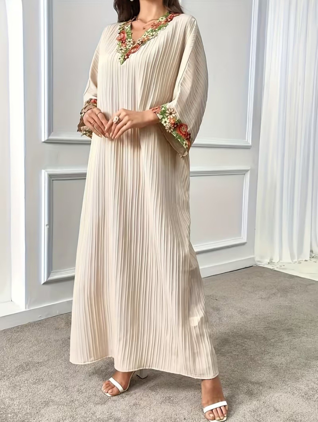 Handmade Women’s Beige/Gold Kaftan Dress, XL Pleated, Embroidered, Maxi