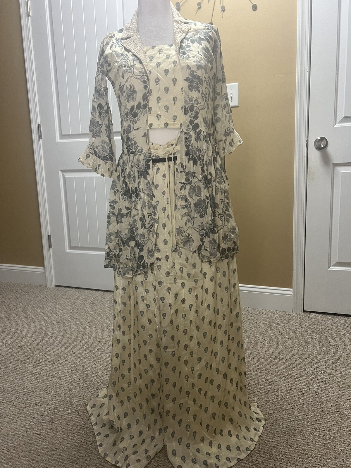Modern Indian Chic Outfit, Crop Top, Plazzo And Jacket