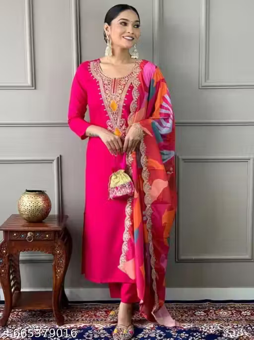 WOMEN EMBROIDERED WORK KURTI WITH PANT WITH DUPATTA FOR PARTY WEAR & OFFICE