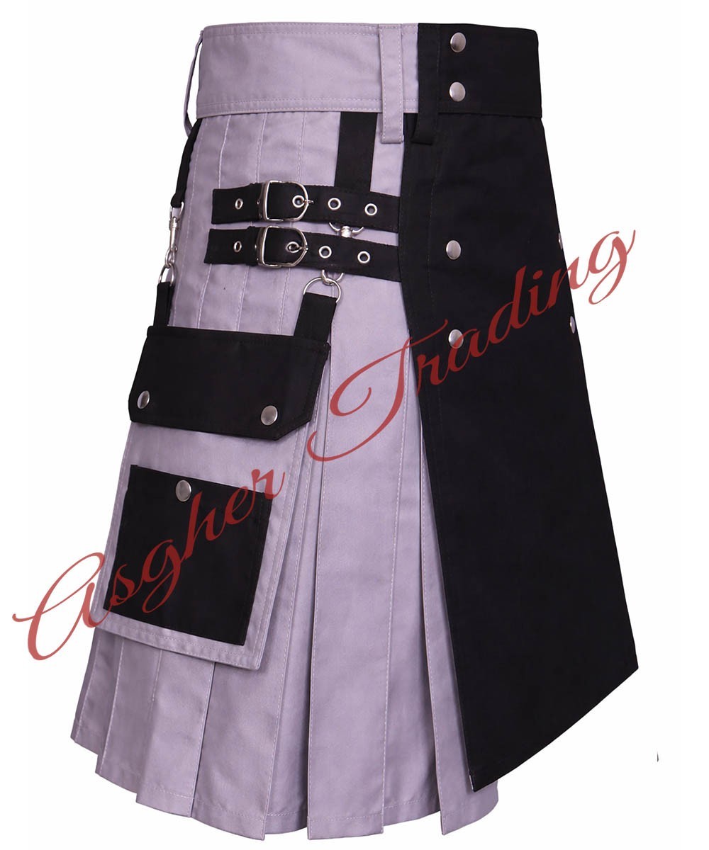 Handmade Grey & Black kilt Cotton Hybrid Utility kilt For Men, Custom Size Kilts
