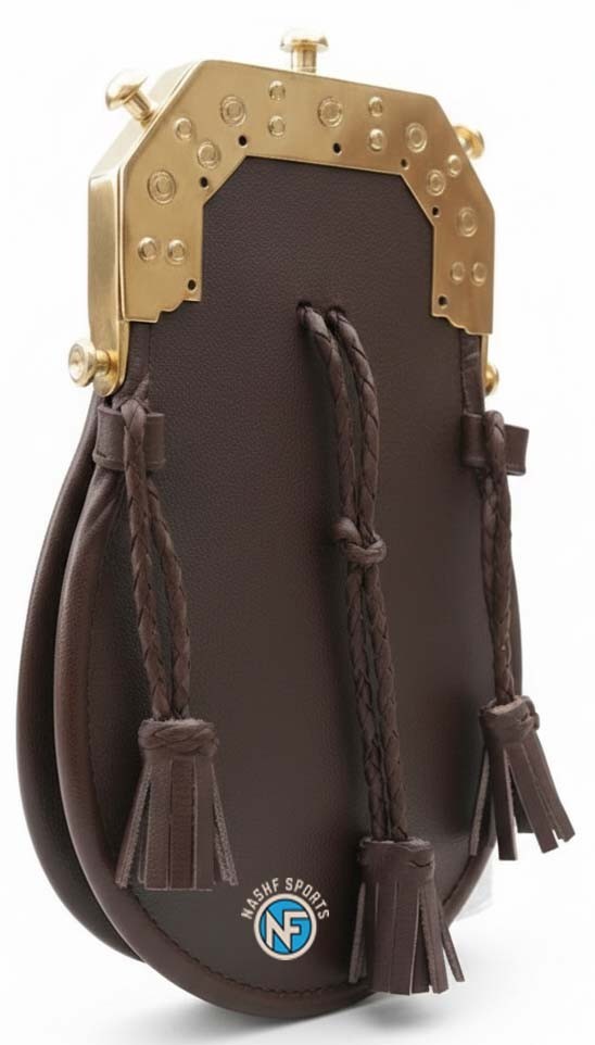 Scottish Handmade Dark Brown Real Leather Full Dress Sporran Gold Cantle