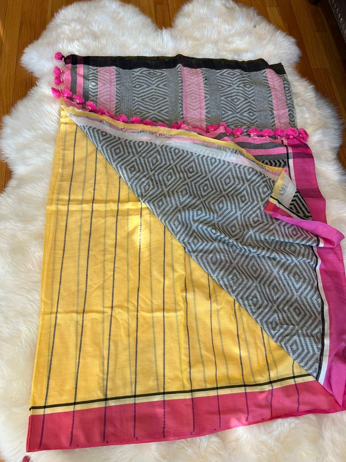 Haldi Yellow Cotton Khadi Saree partywear casualwear handwoven Sari For Women