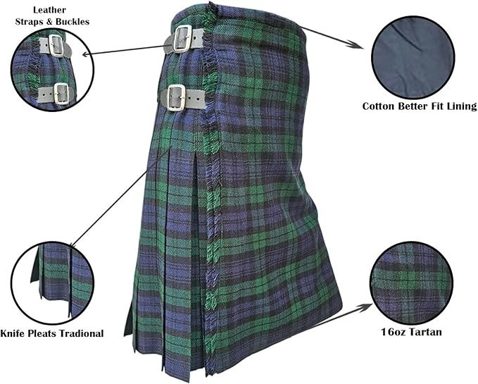 30″ 5-Yard Black Watch Wool Mens Tartan Traditional Kilt Scottish Highland Pleat