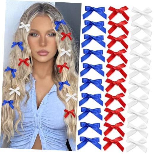 30Pcs Red White Blue Hair Bows 4 of July Mini Cheer Bow Royal Blue,White,Red