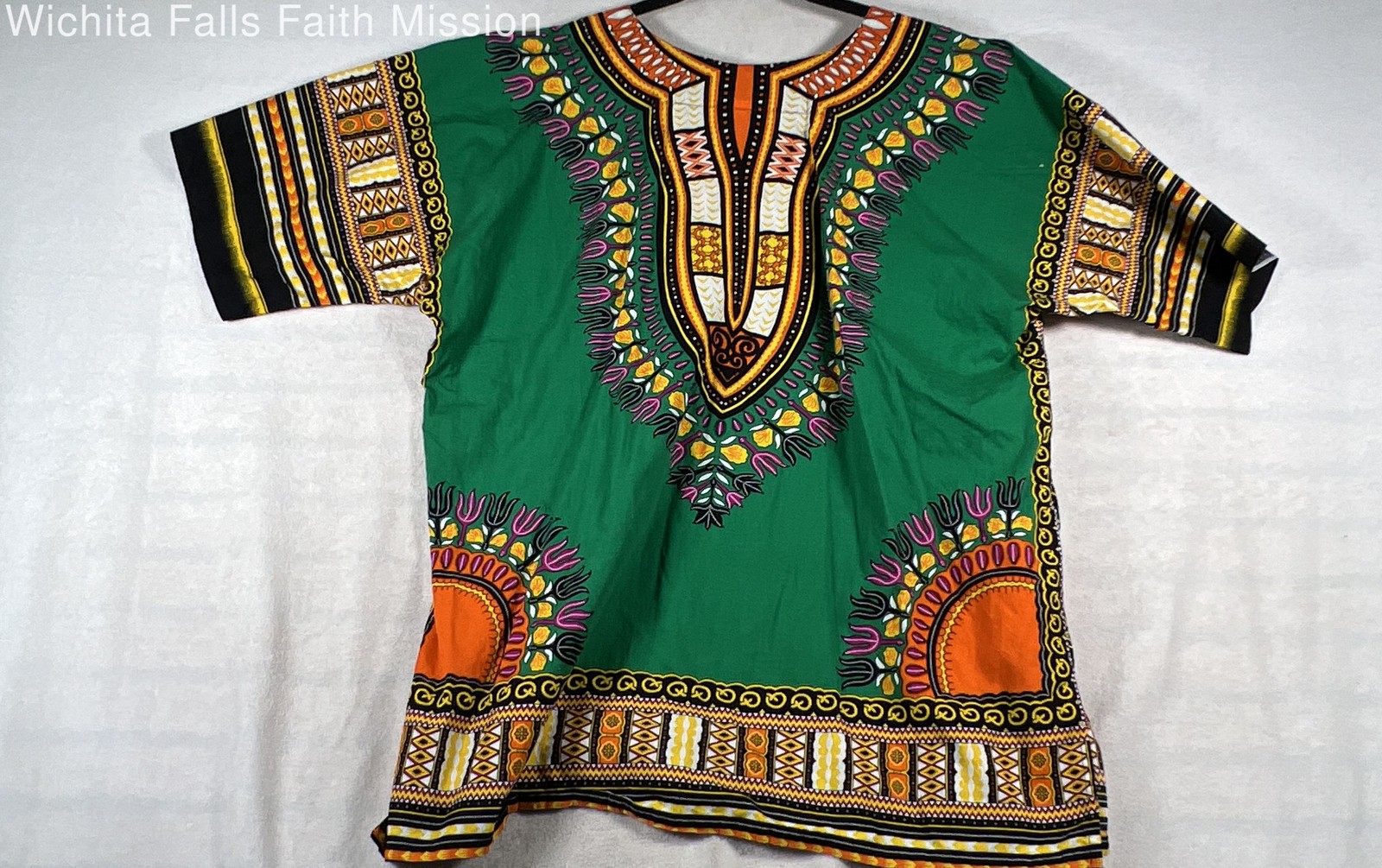 Unisex Green African Print Dashiki Tunic Shirt Boho Cotton Short Sleeve Sz XL