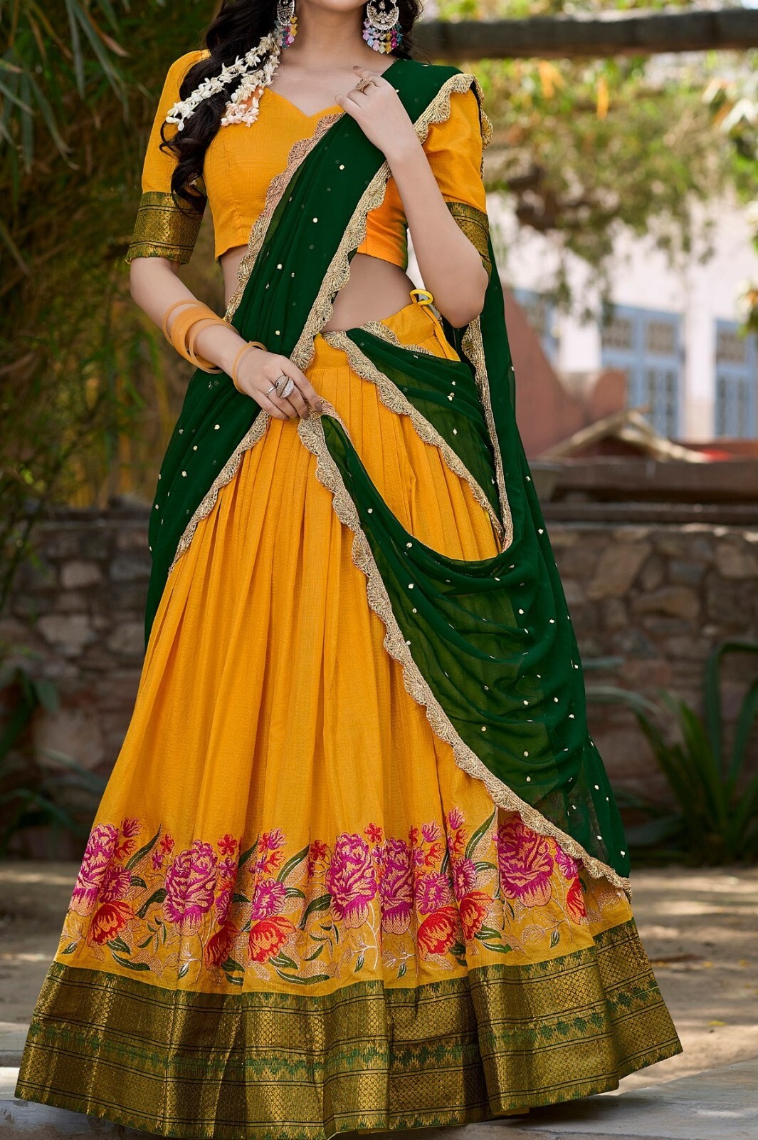 New Mustard Yellow Cotton Silk Lehenga Choli With Dupatta For Women