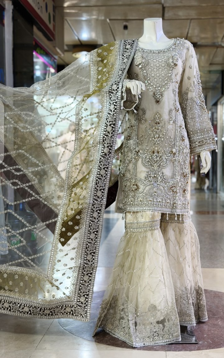 Luxury Pakistani Bridal & Partywear Outfit Embroided Shirt Dupatta With Gharara