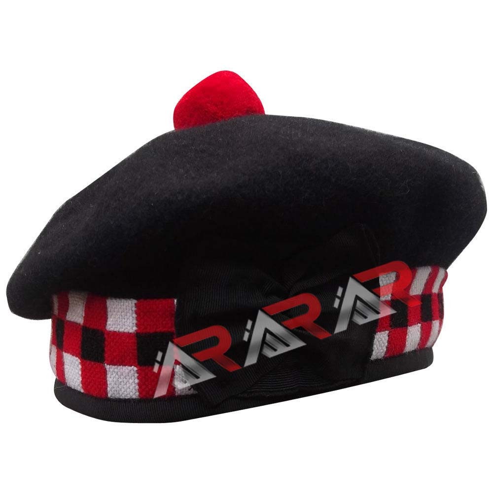 Scottish Highland 3 color Diced Black Wool Balmoral With Red Pompom on Top