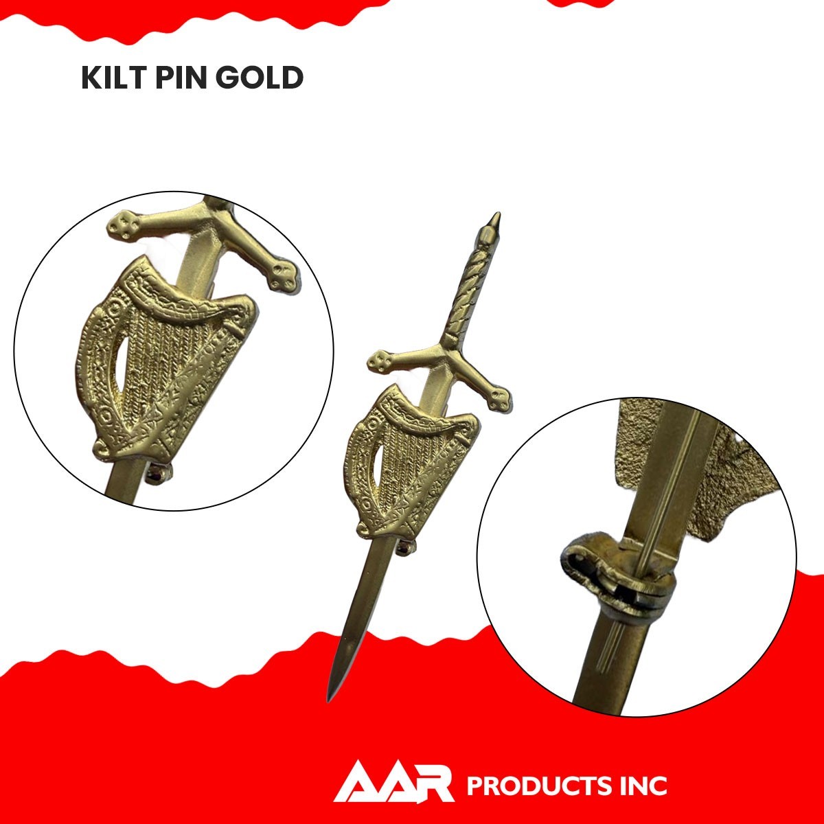 Kilt Pins Scottish Irish Celtic Harp Sword Highland Kilts Pin Gold Plated 4″ AAR