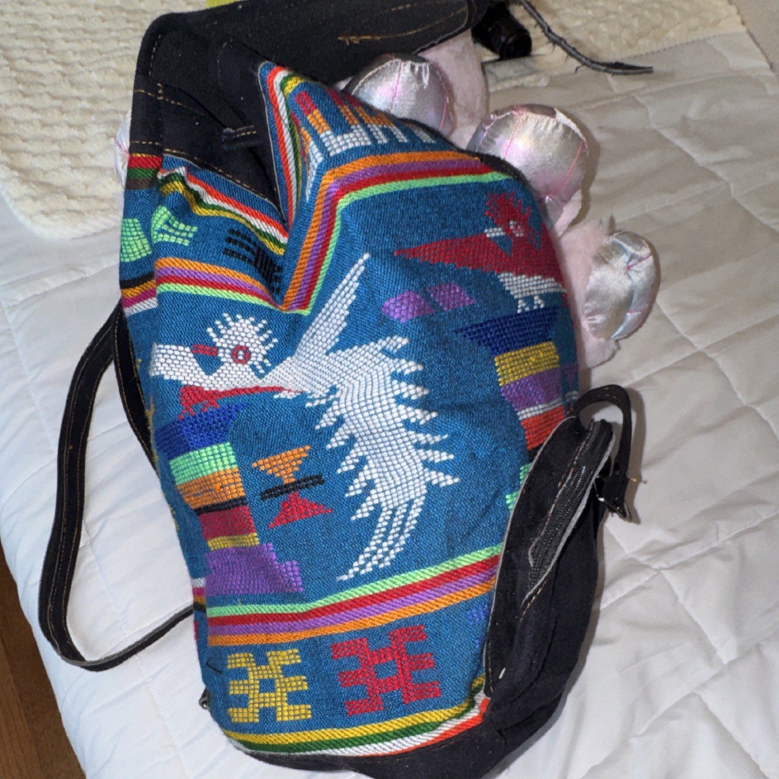 Handmade Cotton Latin American Blue Multicolor Bird Motif Textile Backpack