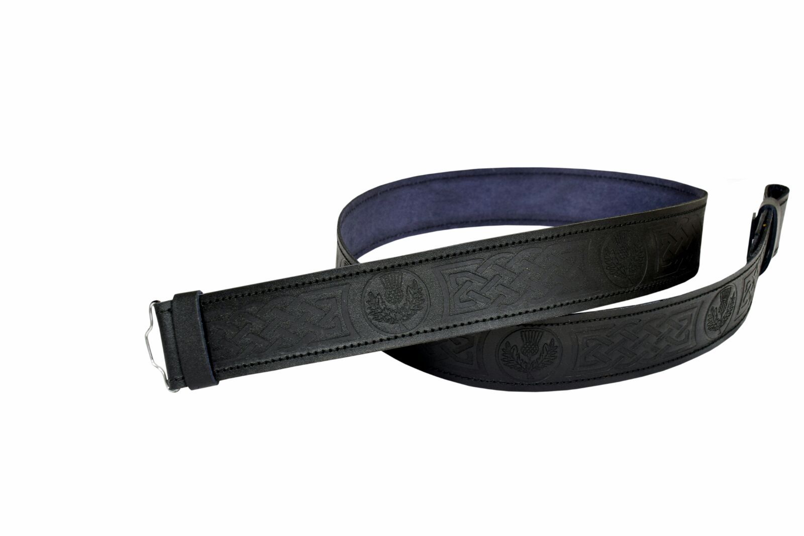 Leather Kilt Belt Adjustable size for Kilts Highland Black Thistle Embossed