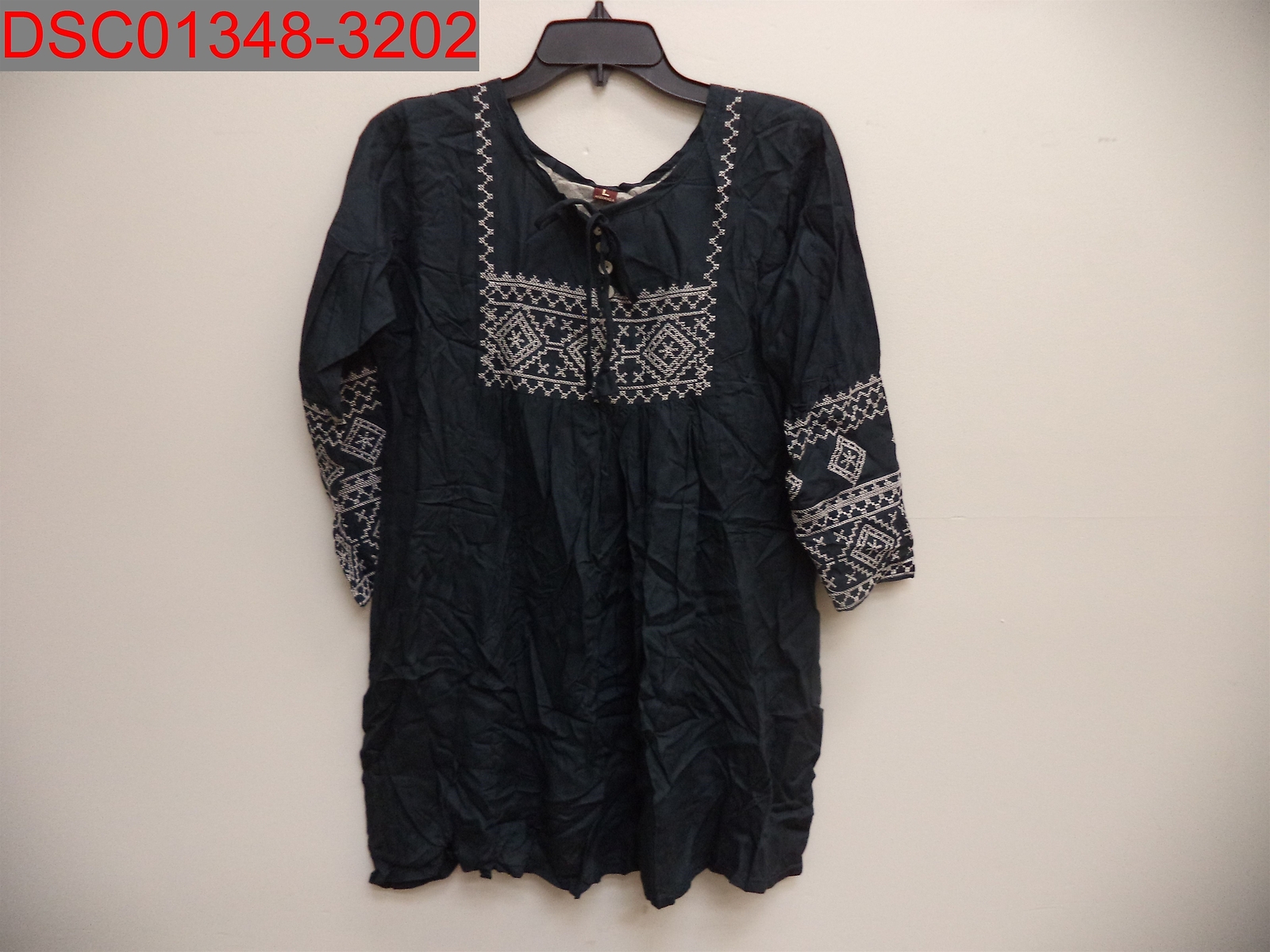 Needs Sewn, Women’s Navy White Embroidered Round Neck Kurta Top, Size L