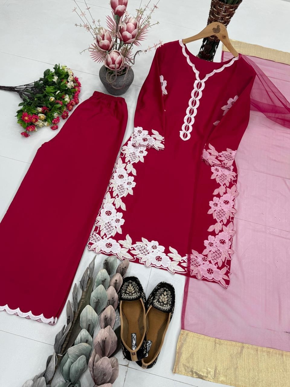 Latest New Heavy Natural Silk Pink Top Palazzo With Dupatta For Wedding Wear