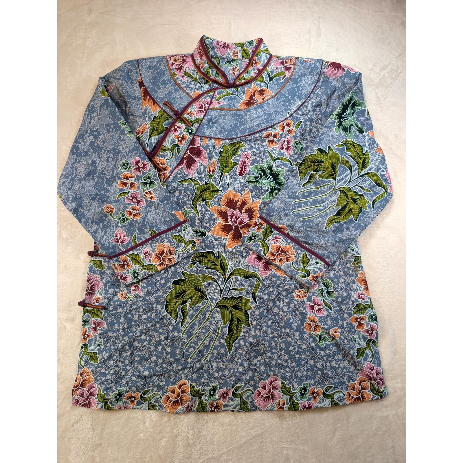 Vintage Asian Floral Mandarin Collar Blouse Blue Batik Print Frog Closure Top M