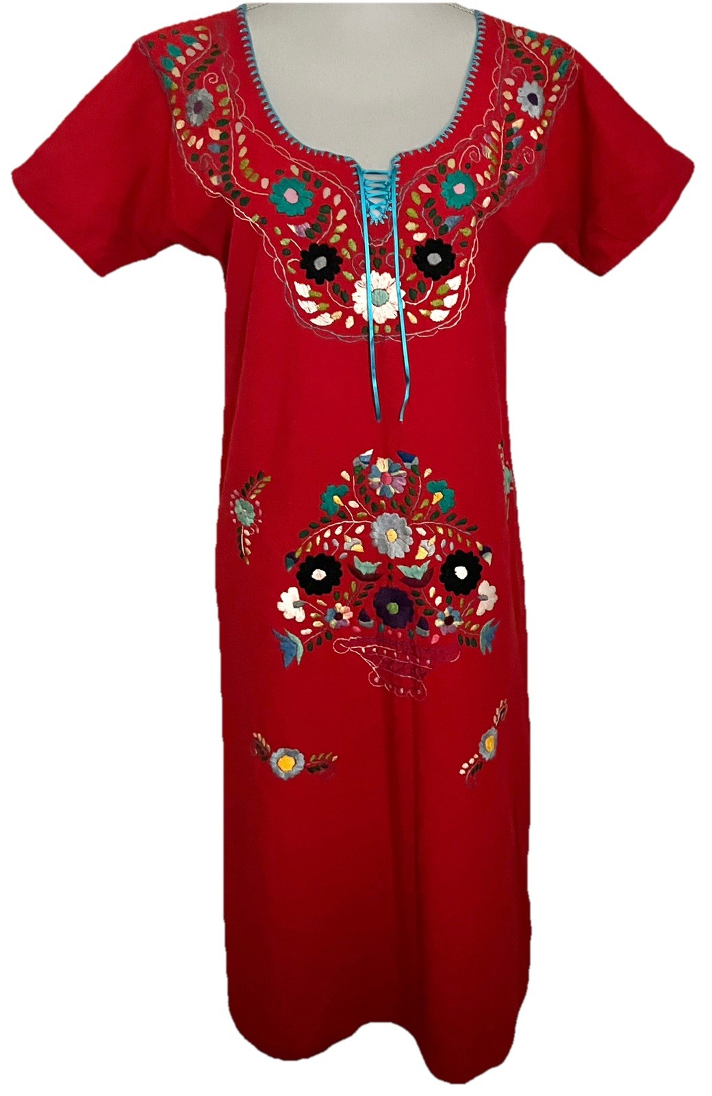 New Huipil Red Embroidered Small Dress From Mexico Embroidered Floral 45” Long