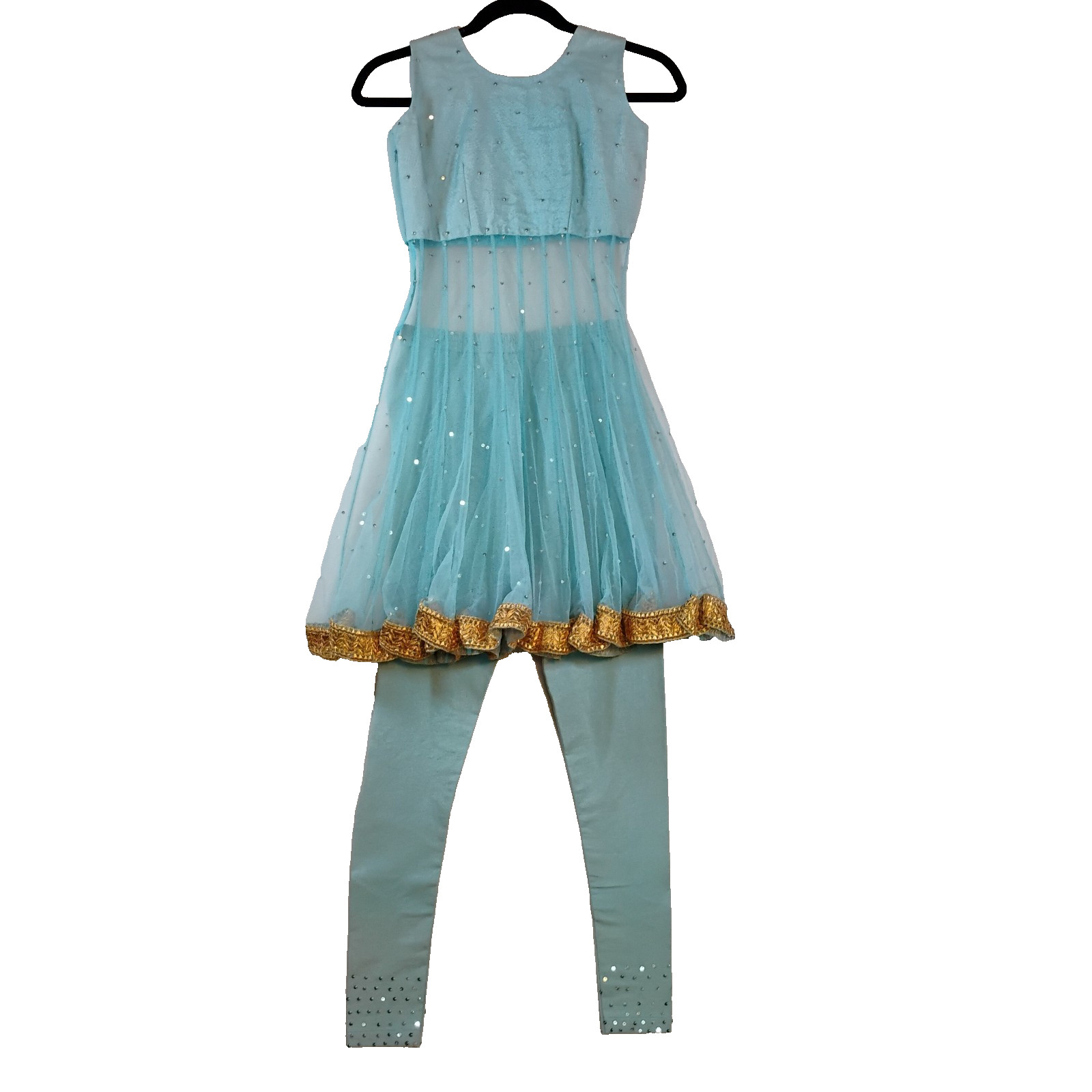 Girls Salwar Kameez Anarkali Set Blue Gold Party Wear Size 8-10? (26″ Chest)