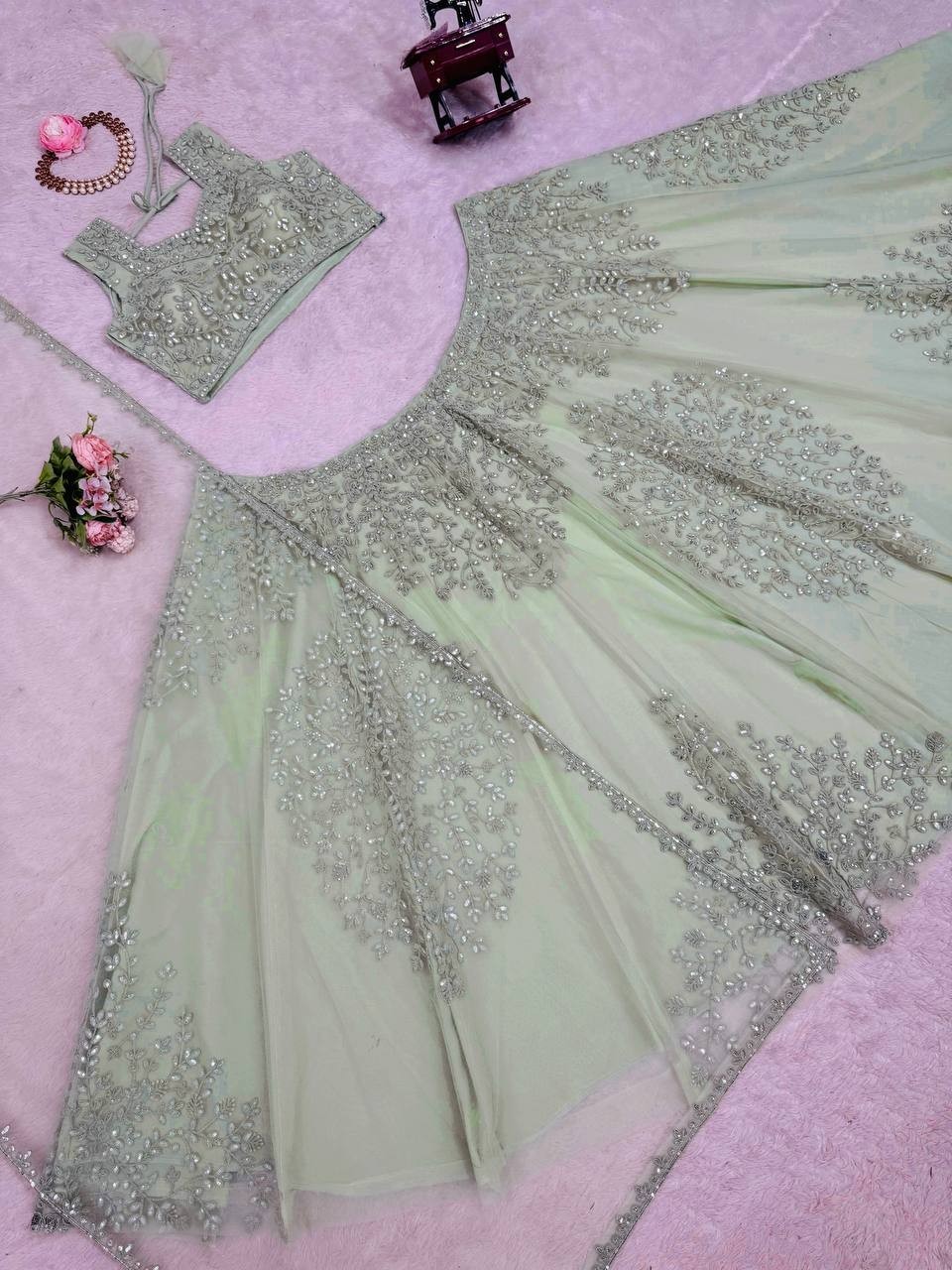 Latest Soft Butterfly Net Lehenga Choli And Pista Green Dupatta For Wedding Wear