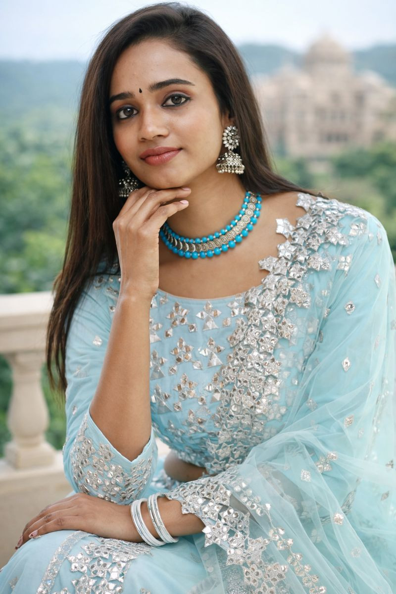 Traditional Indian Mirror Work Lehenga – Blue Sequin Diwali Special Dress