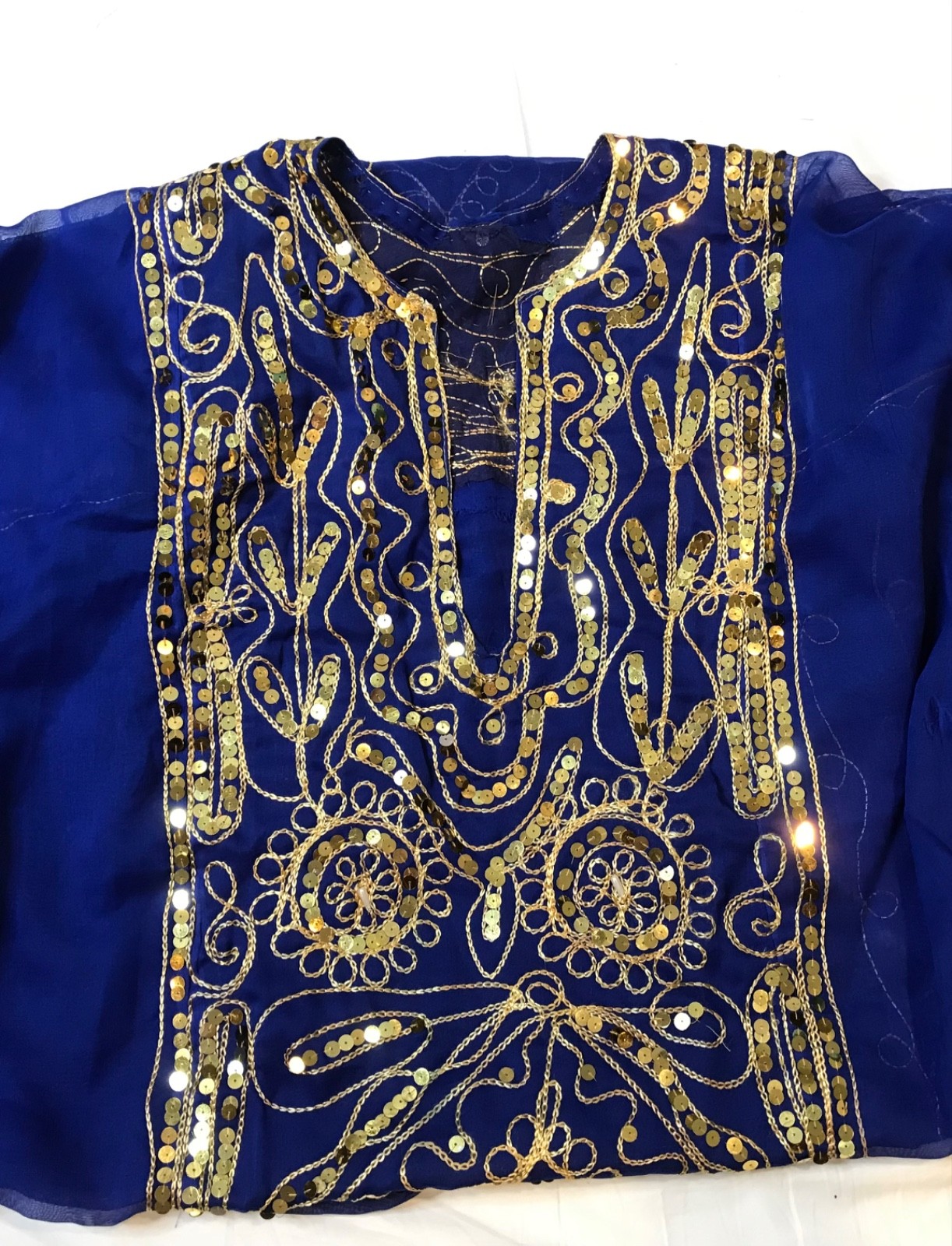 Kalieji caftan abaya belly dance dress royal blue chiffon gold tone sequins