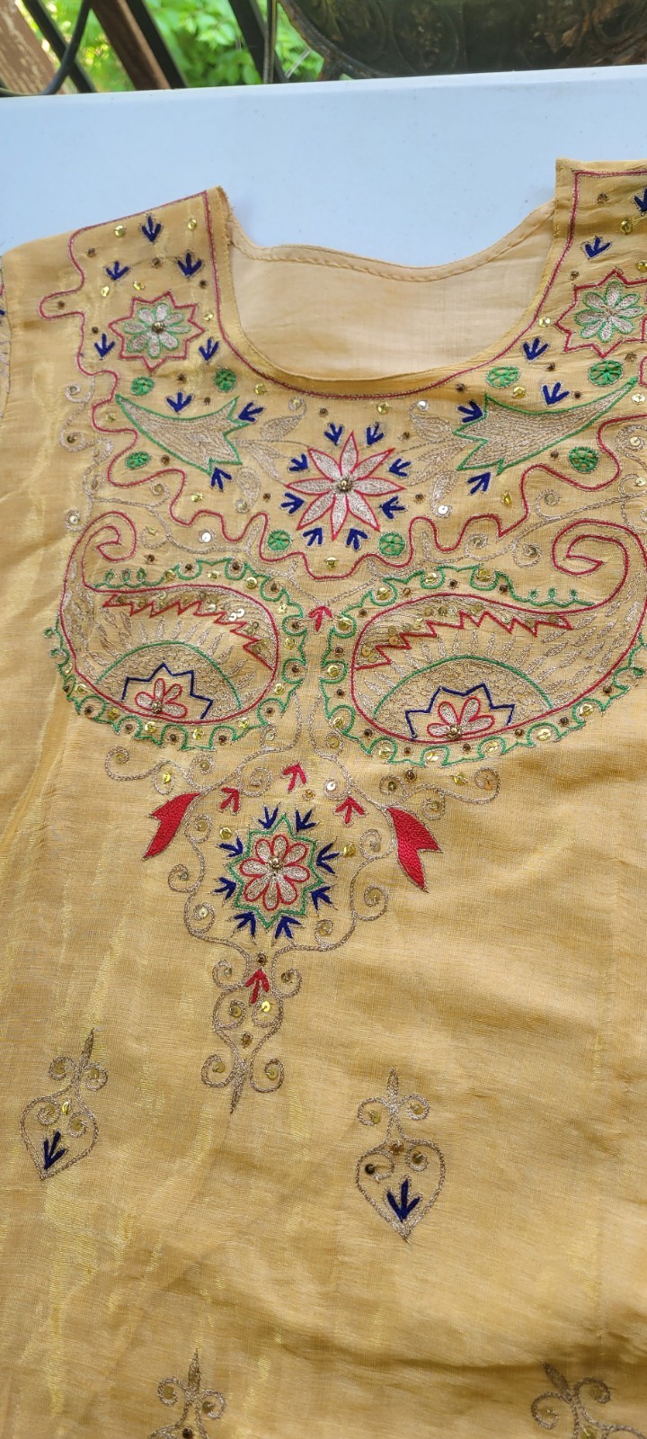 Handmade Yellow Embroidered Cotton Kurta Women Medium Size