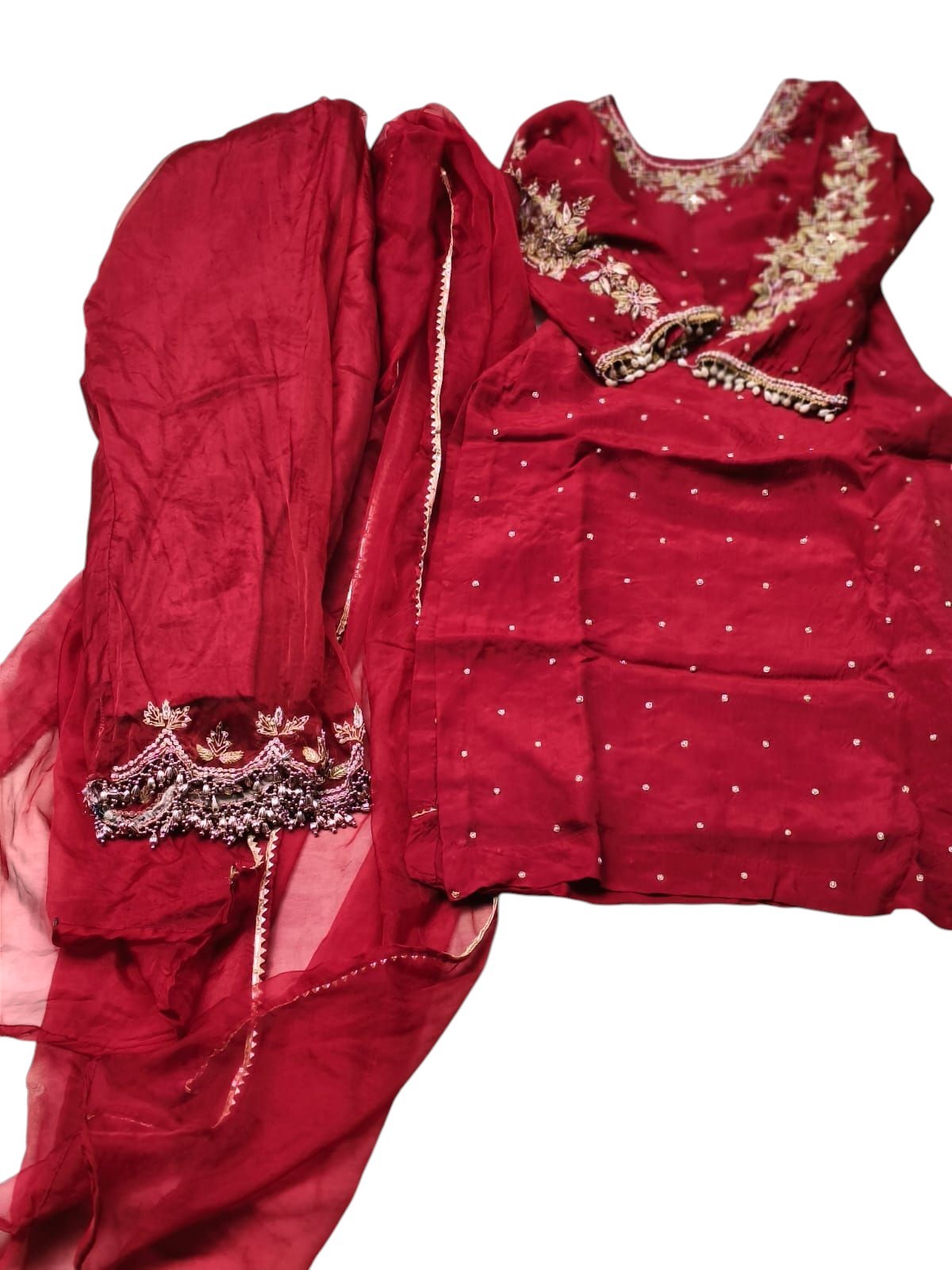 Maroon Organza Hand Embroidered Salwar Kameez Suit Set with Organza Dupatta |…