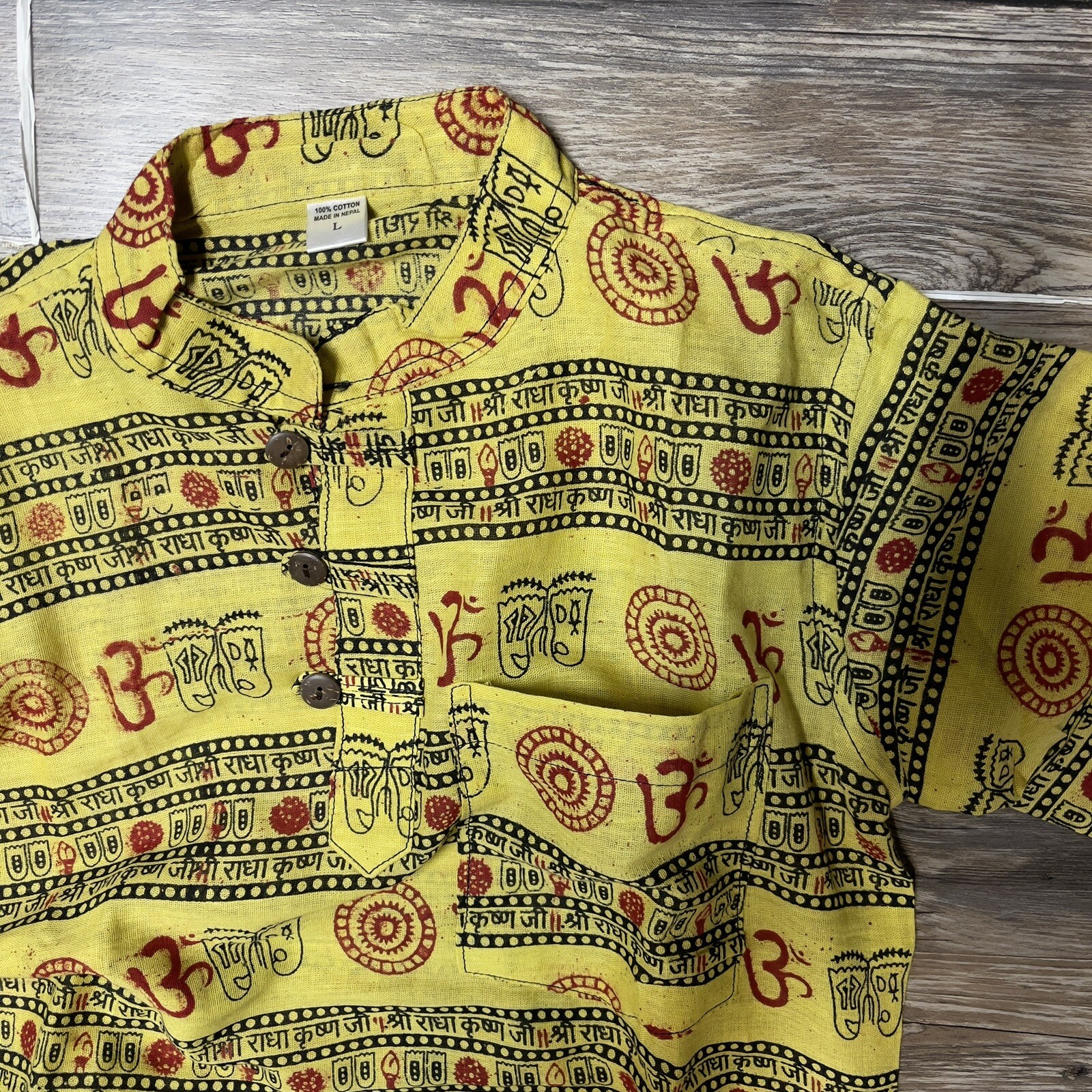 Om Krishna Full Sleeve Collarless 3 Button Shirt Yoga Hindu Print Women M NWOT