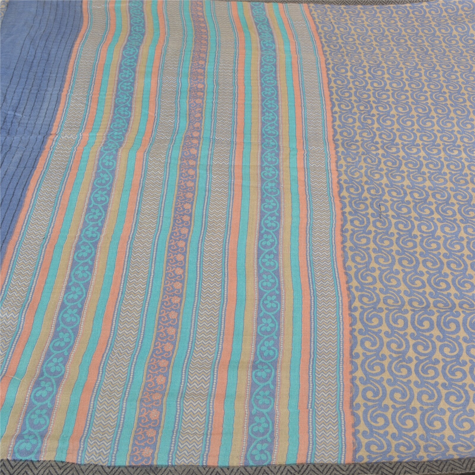 Sanskriti Vintage Blue Sarees 100% Pure Woolen Fabric Printed 5 Yard Sari