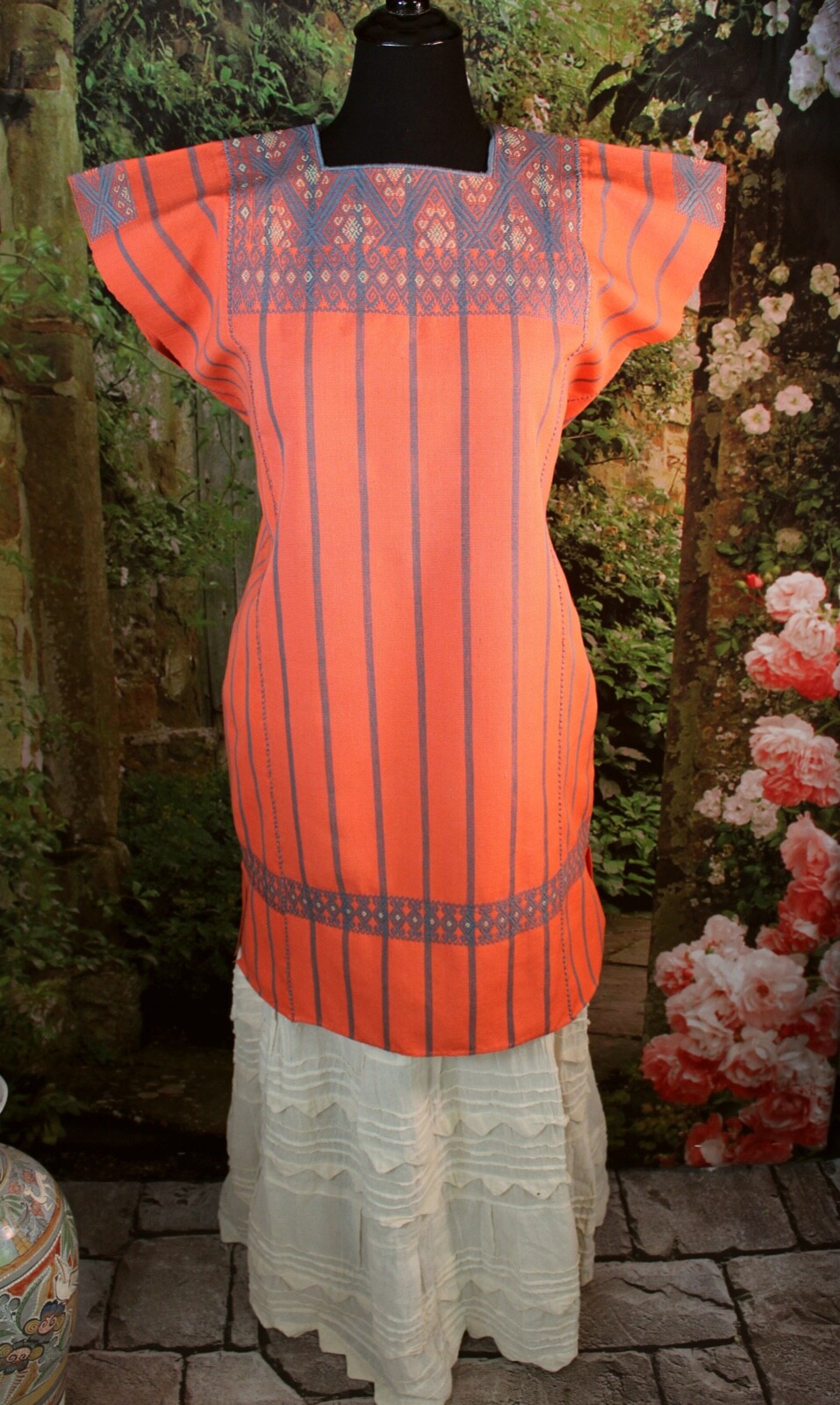 Huipil Salmon & Gray Striped Dress Handwoven Backstrap Loom Mayan Chiapas Mexico