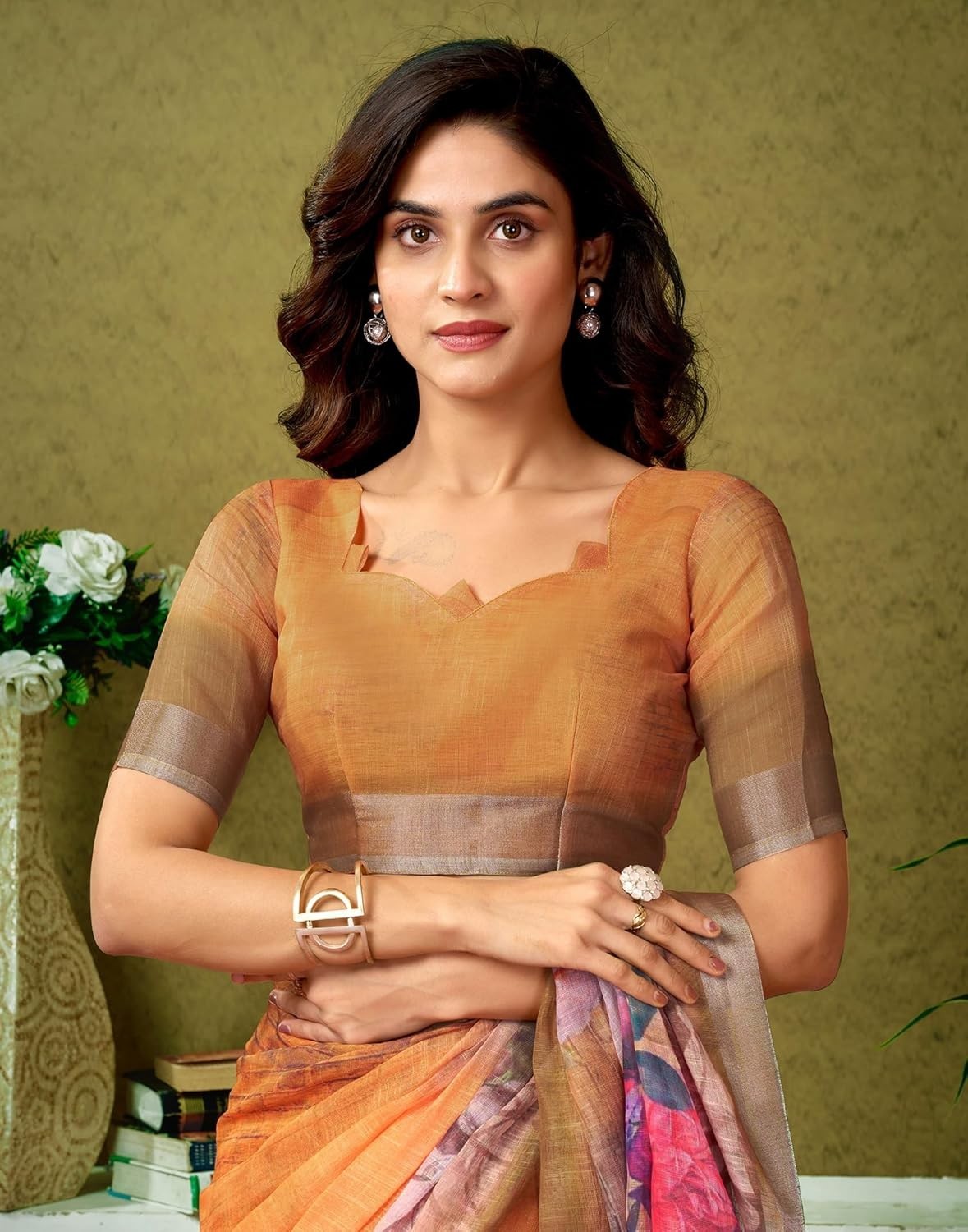 Women’s Cotton Linen Printed 1 Minute Ready to Wear Saree With Unstitched Blouse