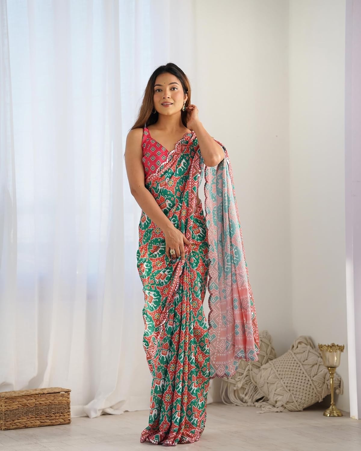 Women’s Chinon Digital Printed Saree with Unstitched Blouse Piece