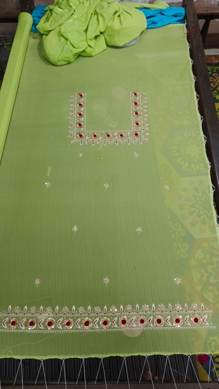 Custom Green Organza Salwar Kameez Suit | Handmade Floral Embroidery | Plain…