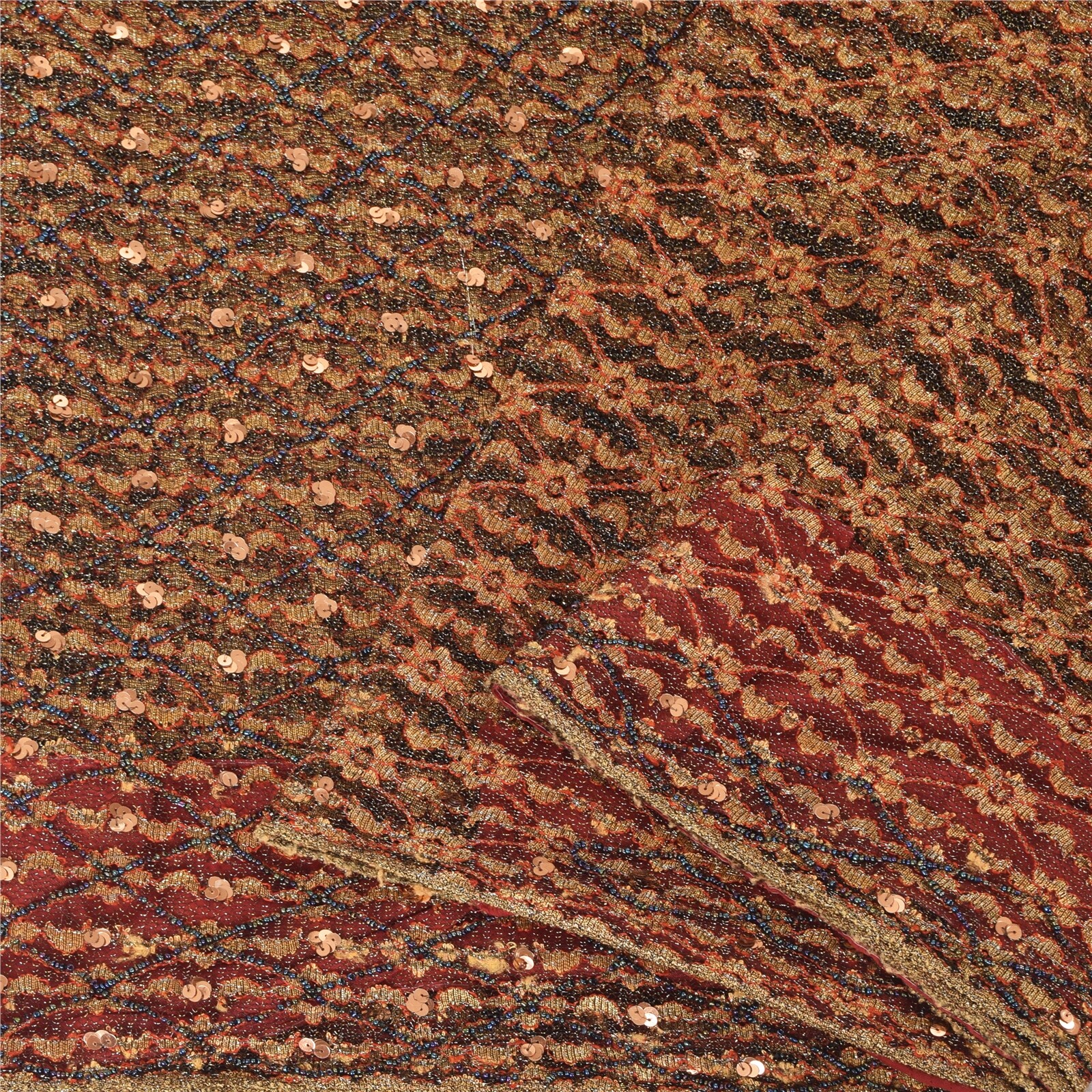 Sanskriti Vintage Sarees Net Mesh Hand Beaded Woven Bollywood Sari Craft Fabric