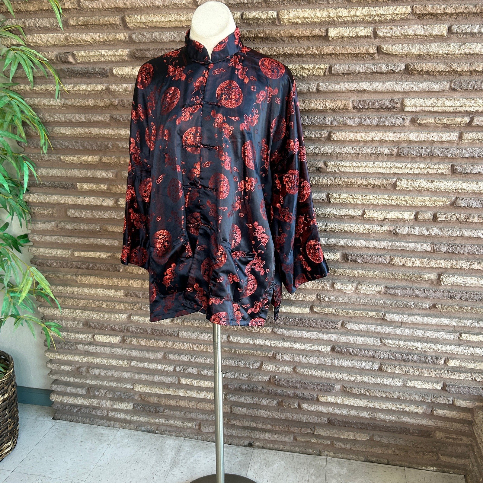 Chinese Tang Jacket Jin Feng Black Red Dragon Brocade Vintage 