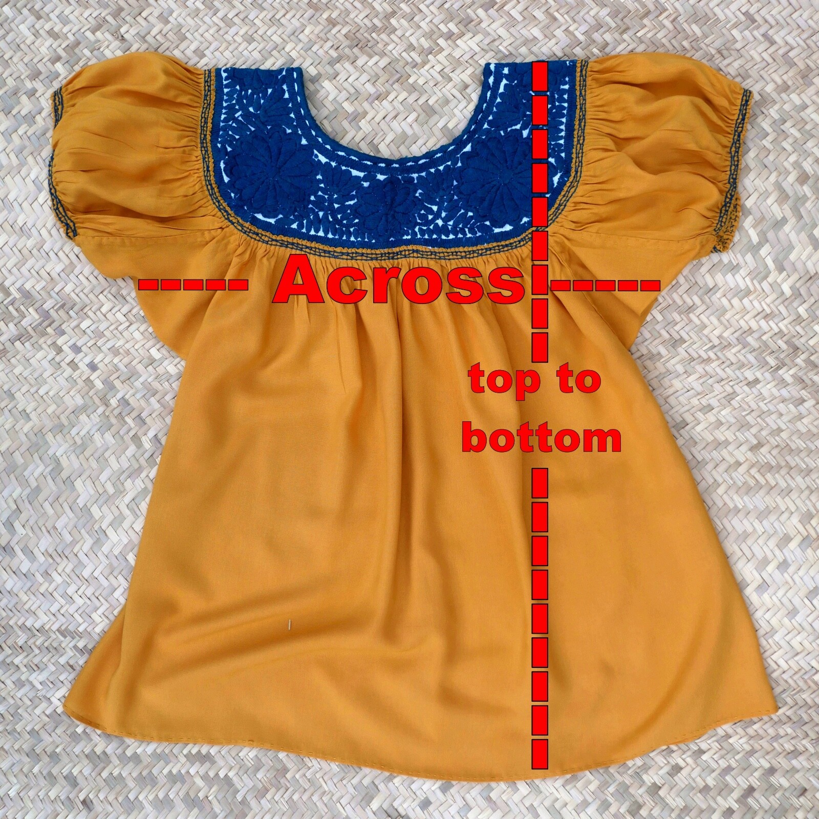 S/M Peasant Blouse Hand Embroidery Blue Flowers Gold Fabric Mayan Chiapas Mexico
