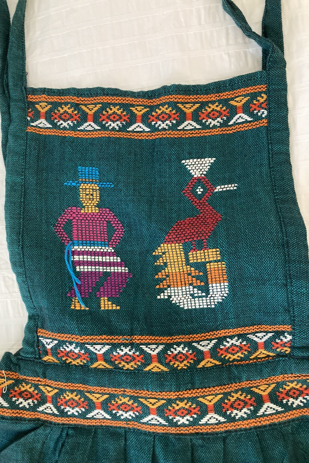 VTG Guatemala Boho/Tuscan Colors Embroidered Bib Apron Color Teal One Size