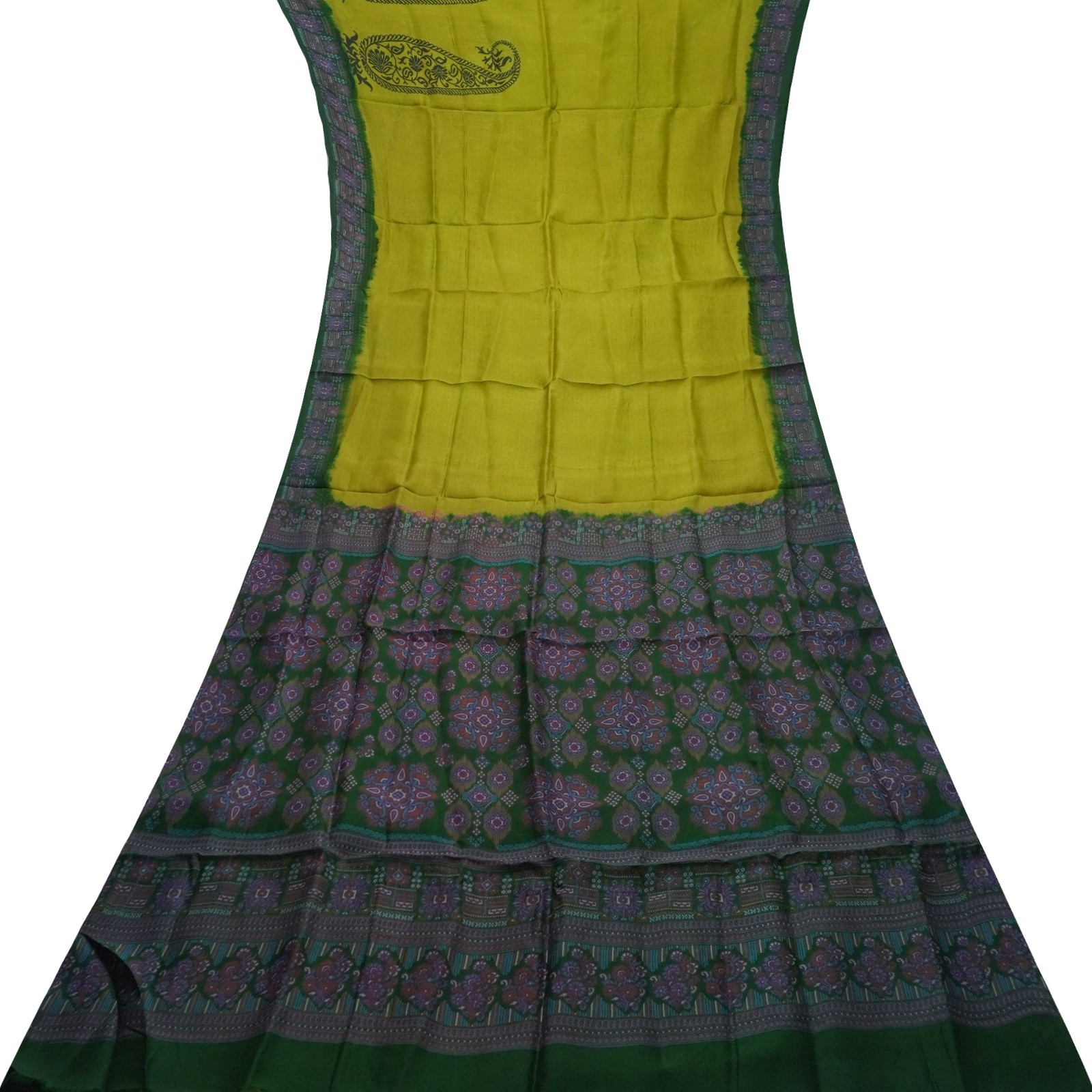Vintage Olive Green Sarees 100% Pure Silk Printed Indian Sari 5YD Craft Fabric