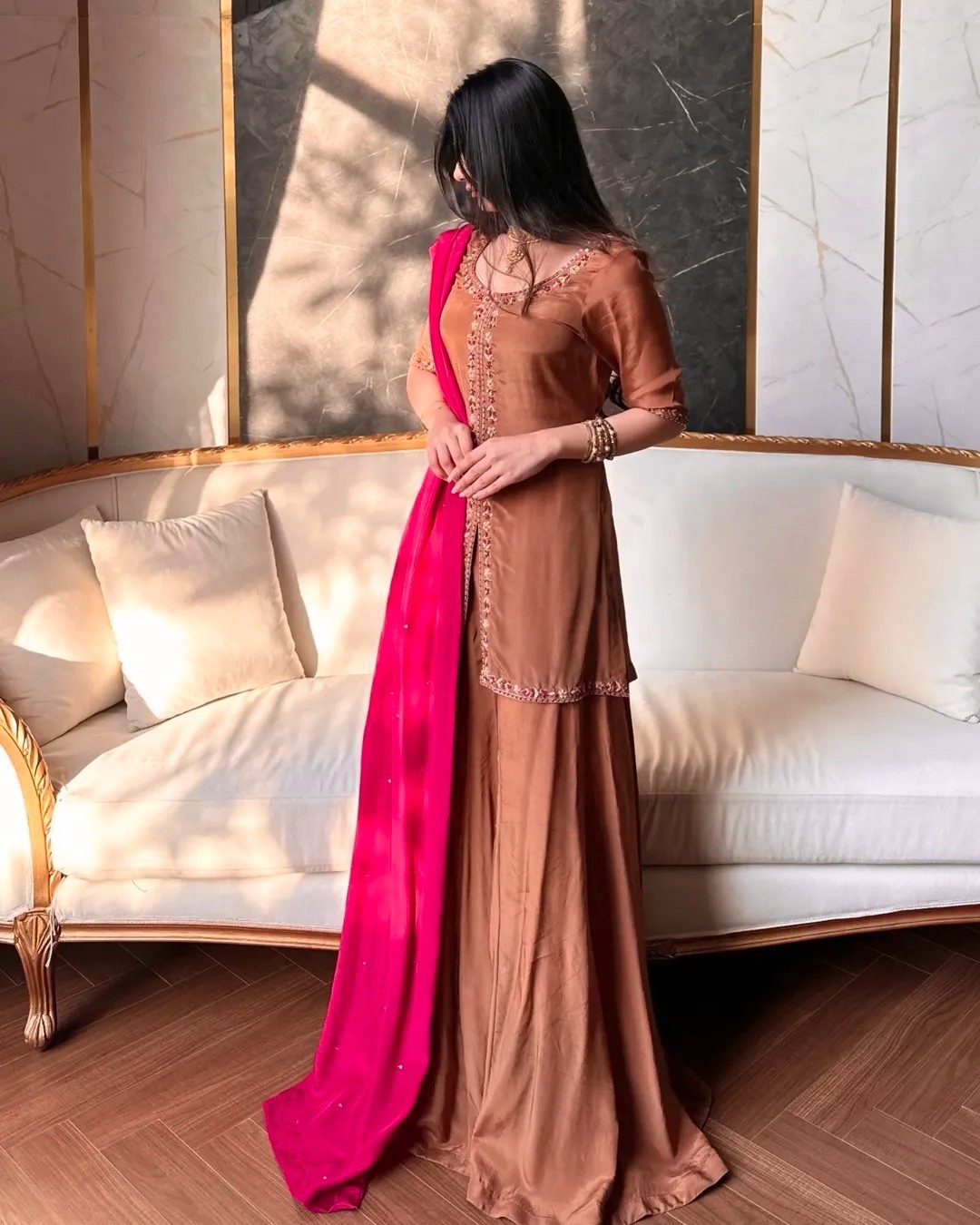 Fancy Designer Heavy Georgette Coffee Palazzo Suit And Dupatta For Function Wear
