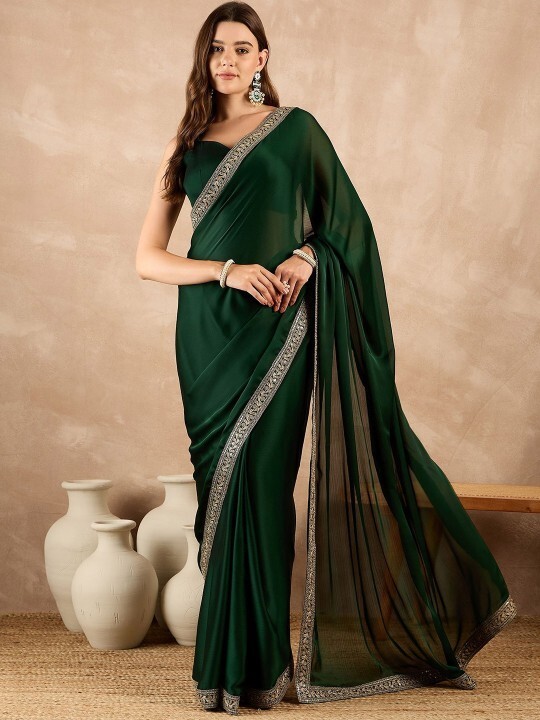 Women Zari Embroidered Solid Satin Saree