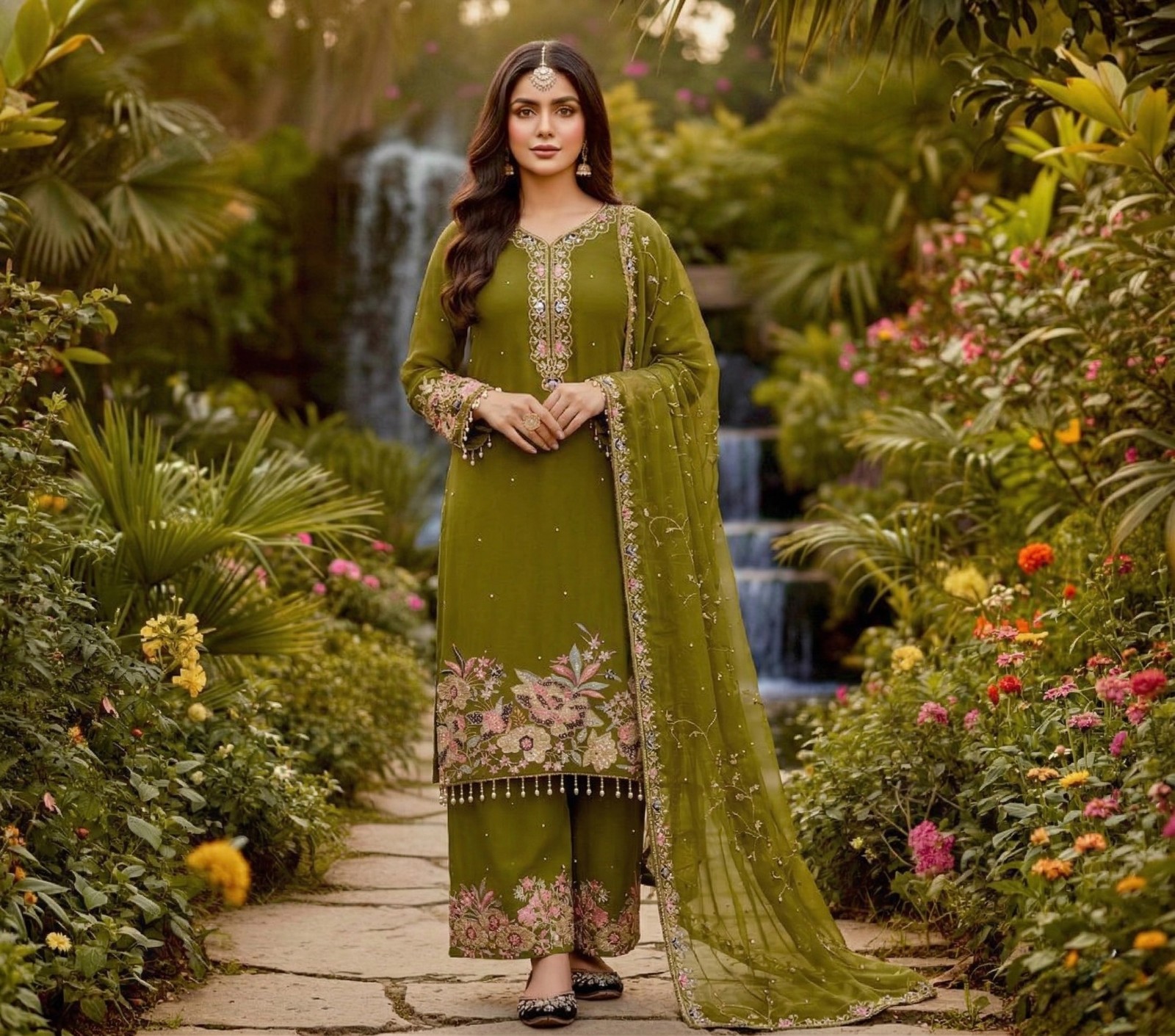 Olive Green Faux Georgette Ready To Wear Salwar Kameez Pakistani Party Wear Suit