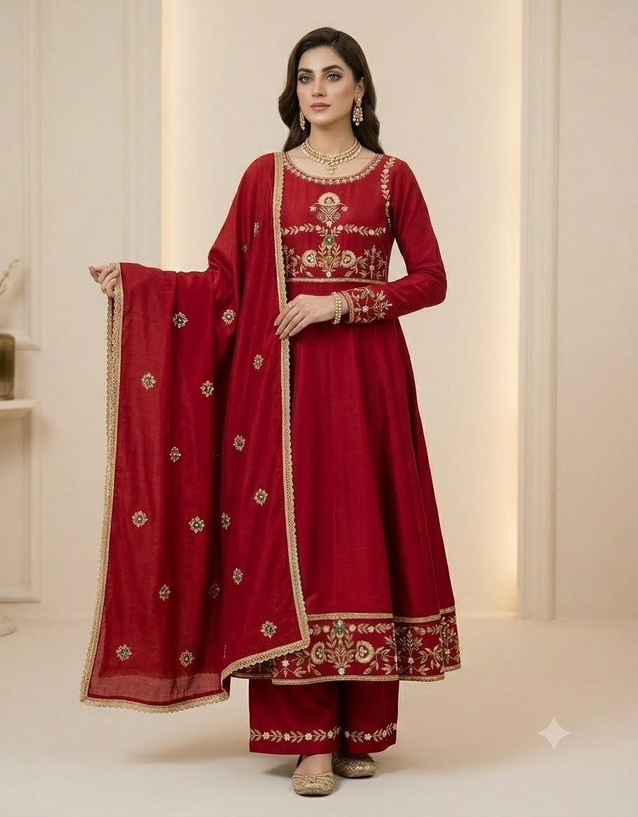 Luxury Red Raw Silk Salwar Suit Handcrafted Tilla Embroidery Elegant Dupatta Set