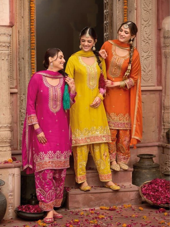Designer Chinon Embroidered Suit – Top, Dupatta & Farshi | Festive Wear | suit