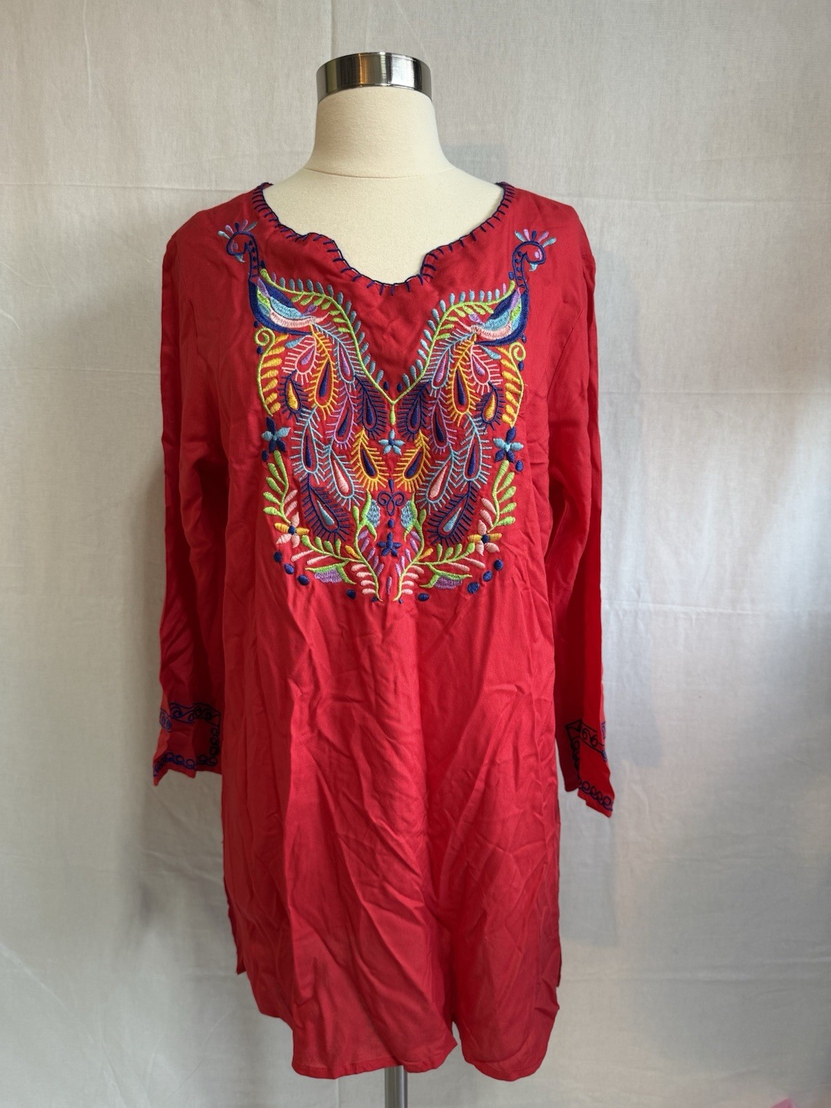 Raj Women’s Red Embroidered Kurta Tunic Long Sleeve Cotton Rayon Blend XL #68