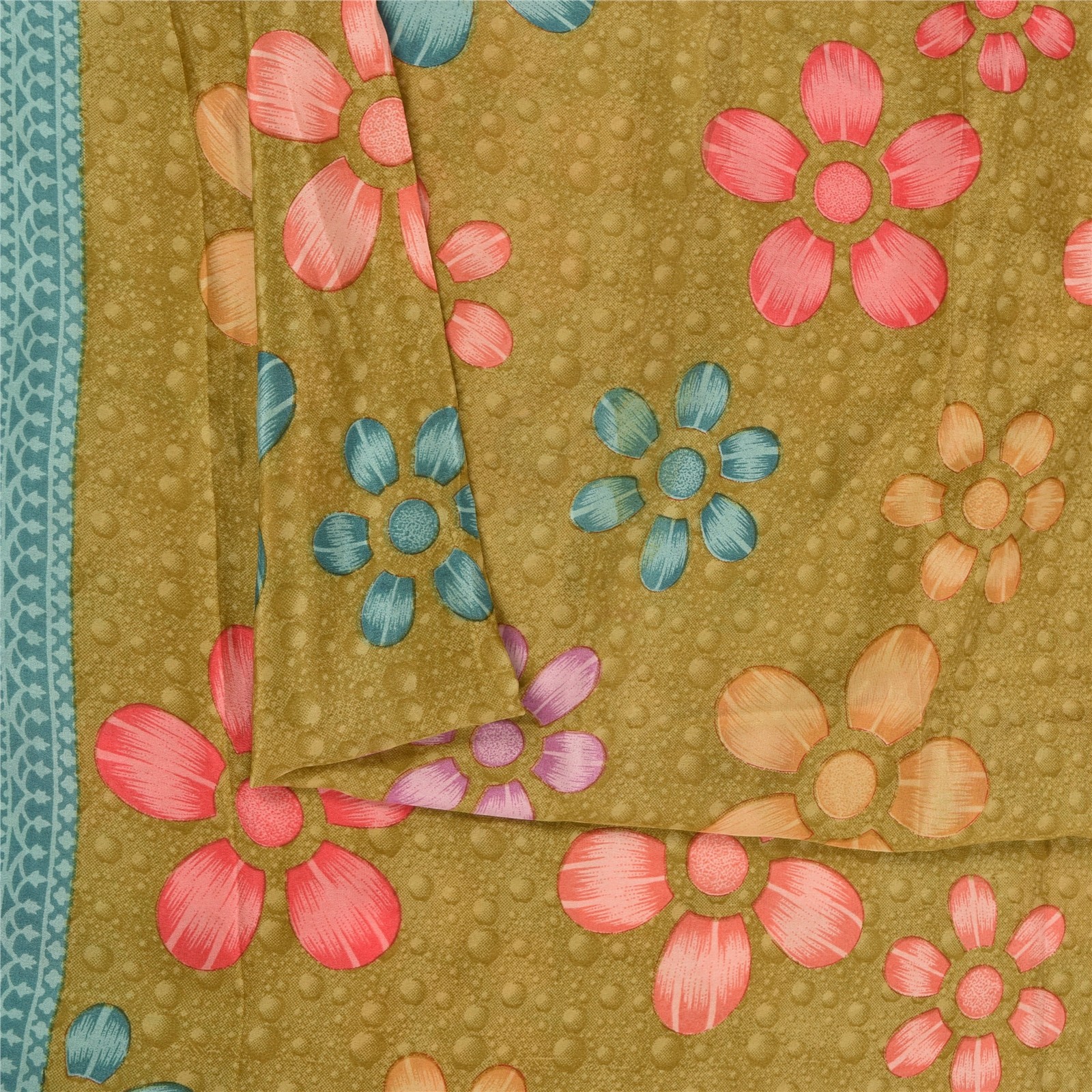 Sanskriti Vintage Saree Green Pure Crepe Silk Floral Printed Sari 5.5+Yd Fabric