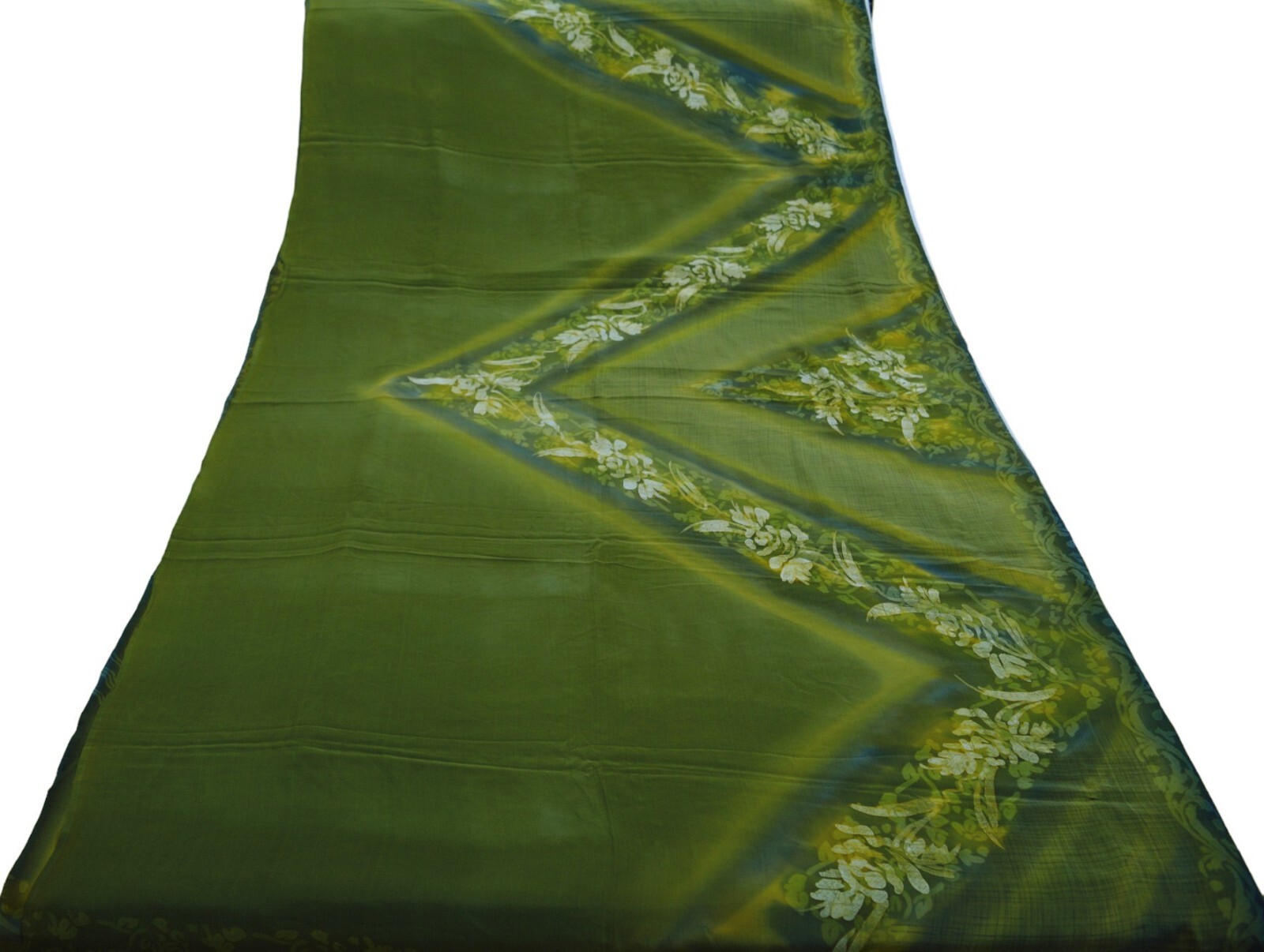 Vintage Green Saree Pure Crepe Silk Printed Indian Sari Fabric 5yd Sewing Floral