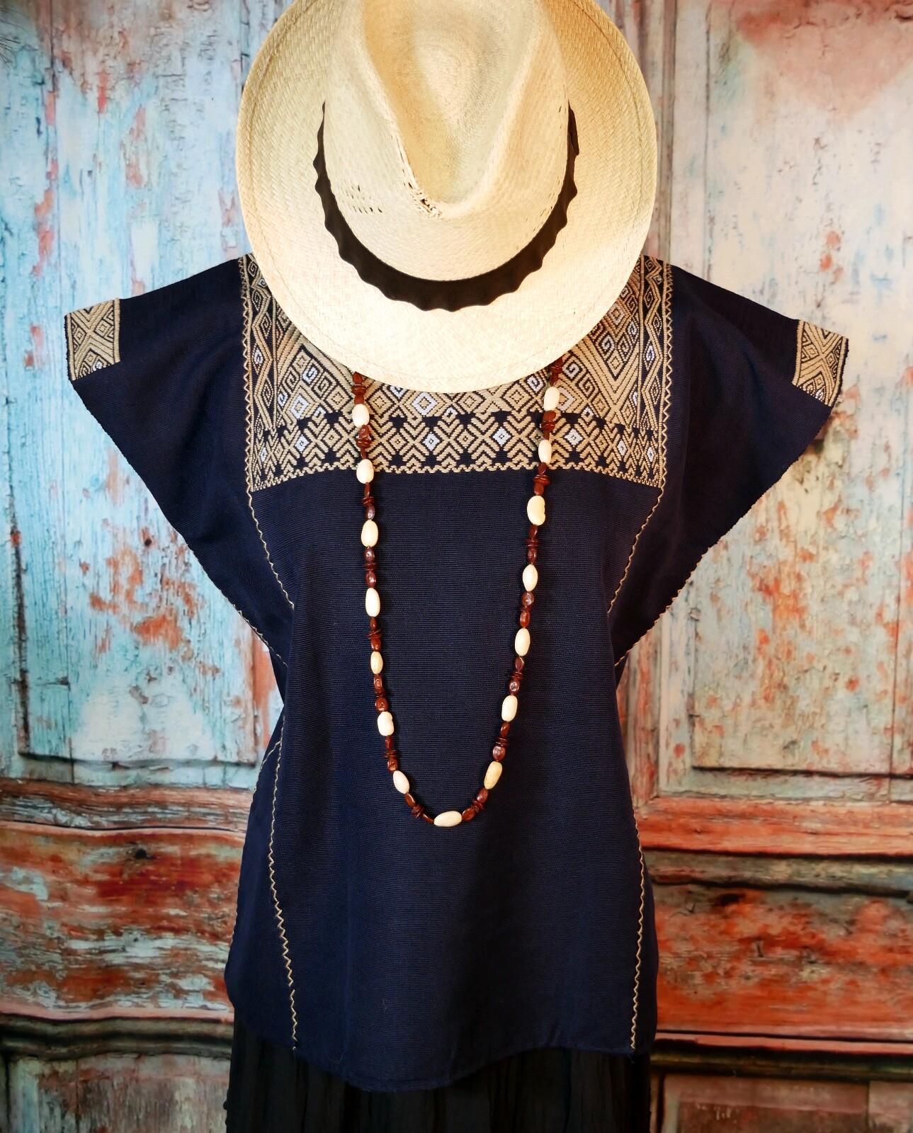 Huipil Top Mayan Navy & Brown Color Handwoven Backstrap Loom Chiapas Mexico S/M