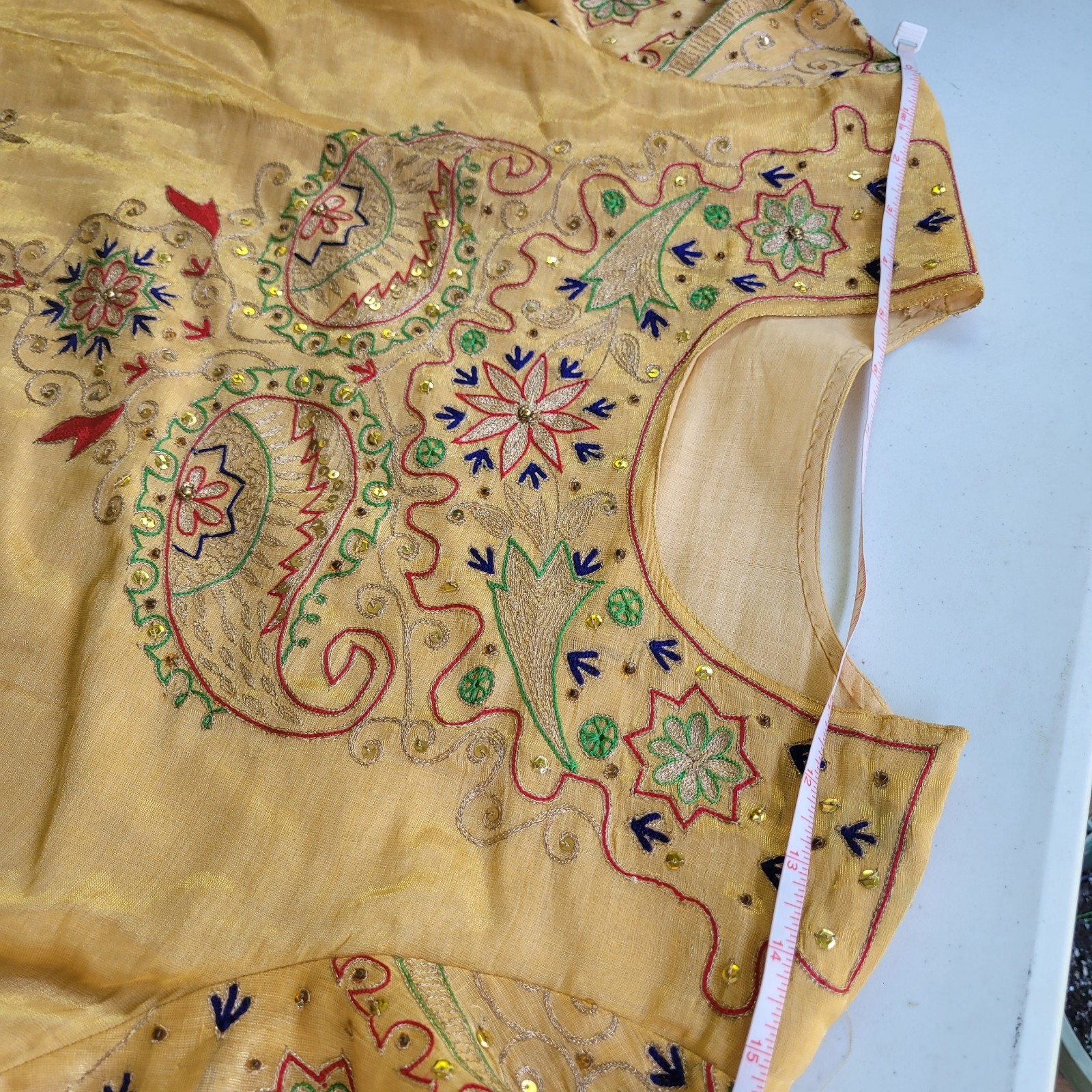 Handmade Yellow Embroidered Cotton Kurta Women Medium Size