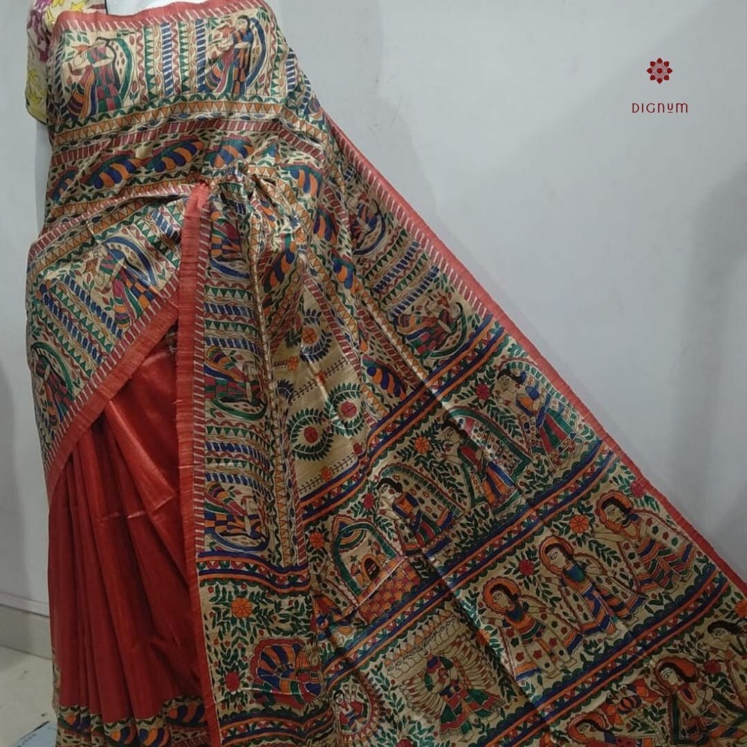 Madhubani Pure Tussar Ghicha Hand Painted Saree
