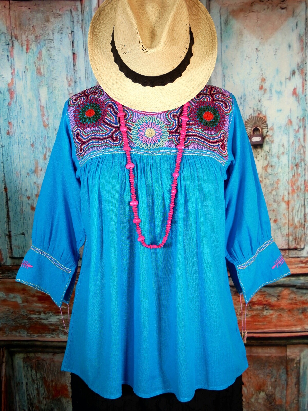 Lg Peasant Blouse Hand Embroidered Turquoise Cotton Mayan Chiapas Mexico Hippie