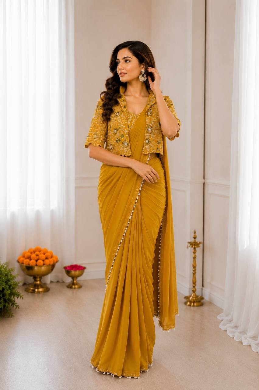 Indian Designer Ready to Wear Saree Heavy Crepe Silk Embroidered Koti Set
