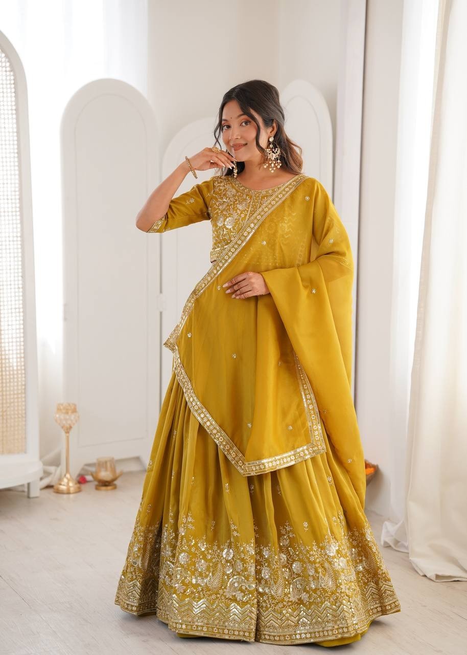 Traditional Yellow Simmer Silk Lehenga Choli With Dupatta For Women & Girls Wear